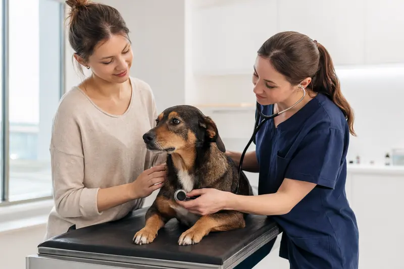 Ein Haldenlaufhund wird in einer modernen Tierarztpraxis von einer Tierärztin mit Stethoskop untersucht, während der Besitzer beruhigend danebensteht.