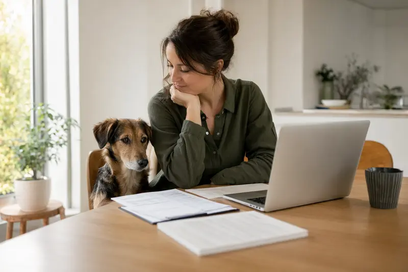 Ein Haldenlaufhund sitzt entspannt neben seinem Besitzer am Küchentisch, während Versicherungsunterlagen und ein Laptop auf dem Tisch liegen.