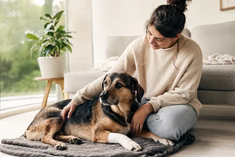 Ein Haldenlaufhund mit leichtem Verband an der Pfote liegt entspannt auf einer Decke, während sein Besitzer nah neben ihm sitzt und erleichtert aussieht.
