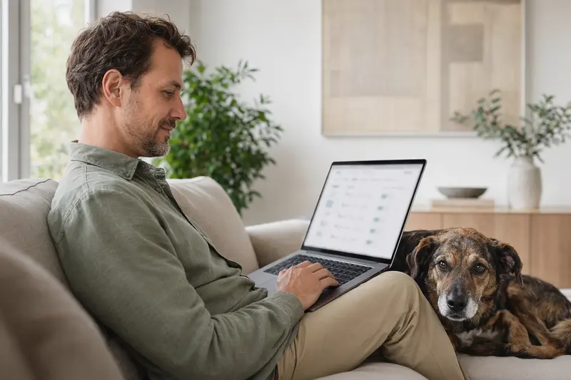Besitzer sitzt mit Laptop auf dem Sofa, während der Haldenlaufhund neben ihm sitzt und eine neutrale Versicherungsvergleichs-Oberfläche angezeigt wird.