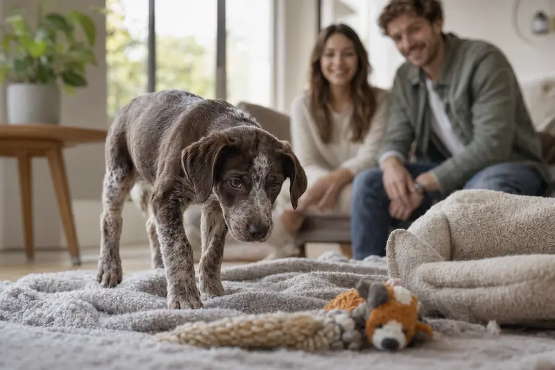 Ein neugieriger Haldenlaufhund Welpe erkundet sein neues Zuhause mit liebevoller Familie im Hintergrund.