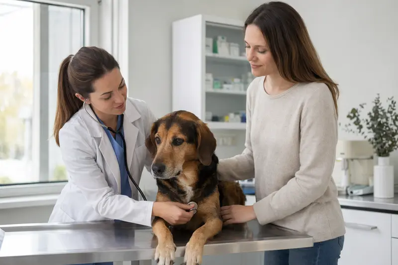 Ein Haldenstövare Hund wird behutsam von einer Tierärztin mit Stethoskop untersucht, während der Besitzer beruhigend danebensteht.