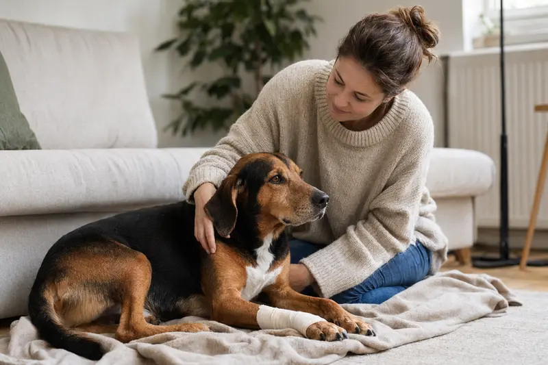 Ein Haldenstövare Hund mit einem leichten Verband an der Pfote liegt entspannt neben seinem Besitzer in einer hellen Wohnung.