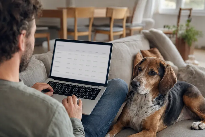 Ein Besitzer arbeitet am Laptop auf dem Sofa, während sein Haldenstövare Hund daneben sitzt und die ruhige Atmosphäre einer modernen Wohnung genießt.