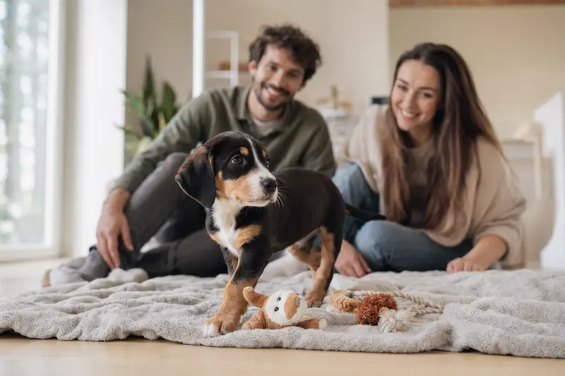 Ein Haldenstövare Welpe erkundet neugierig sein neues Zuhause mit weicher Decke und Spielzeug.