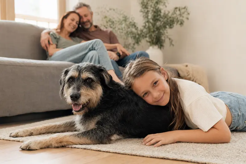 Ein freundlicher Haldenstoever Hund liegt entspannt neben einem Kind im Wohnzimmer, während die Eltern im Hintergrund eine sichere Familienatmosphäre schaffen.