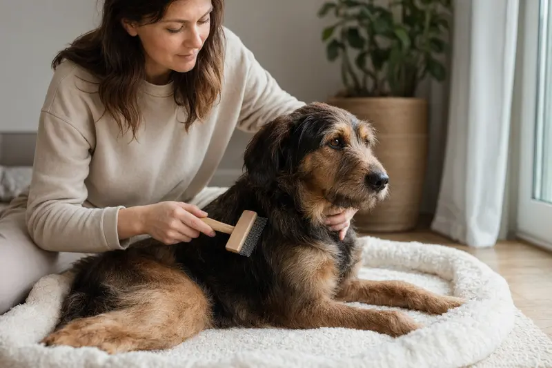 Ein Haldenstoever Hund wird in einer hellen Wohnung sanft gebürstet, während sein Besitzer die Fellpflege liebevoll übernimmt.