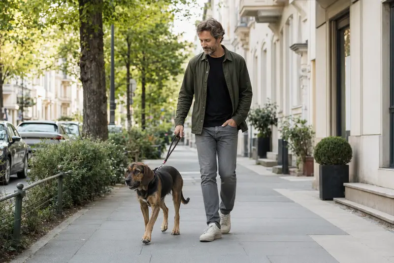 Ein Haldenstoever Hund läuft entspannt an der Leine mit seinem Besitzer durch eine moderne Stadtstraße.