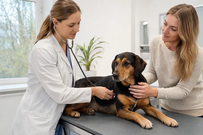 Ein Haldenstoever Hund wird von einer freundlichen Tierärztin auf einem Untersuchungstisch in einer modernen Tierarztpraxis untersucht.