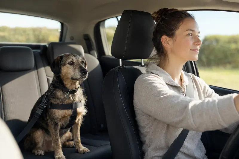 Ein Haldenstoever Hund sitzt sicher angeschnallt auf der Rückbank eines Autos, während der Besitzer entspannt fährt.
