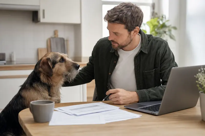 Ein Haldenstoever Hund sitzt entspannt neben seinem Besitzer am Küchentisch mit Versicherungsunterlagen und einem Laptop.