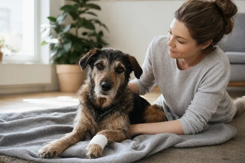 Ein Haldenstoever Hund mit einem leichten Verband an der Pfote liegt entspannt neben seinem Besitzer auf einer Decke in einer hellen Wohnung.