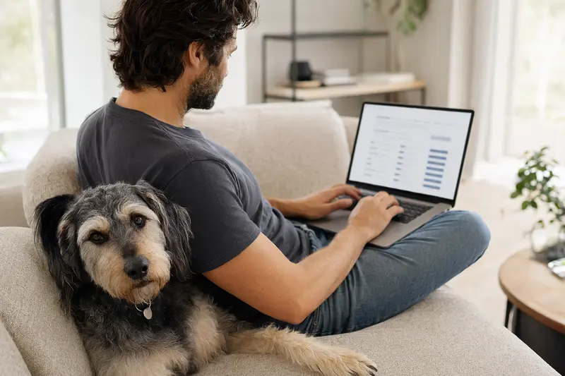 Ein Hundebesitzer arbeitet am Laptop auf dem Sofa, während sein Haldenstoever Hund neben ihm sitzt, um die besten Tierversicherungen zu vergleichen.
