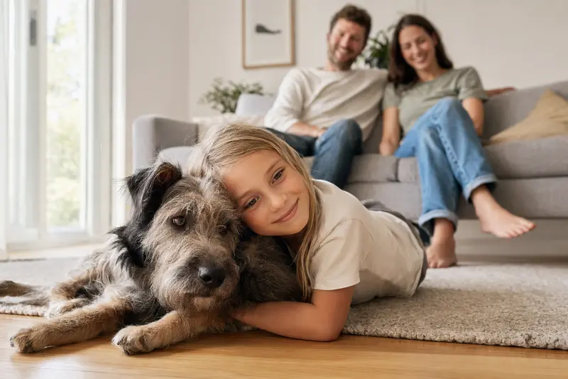 Ein freundlicher Haldenstover Hund liegt entspannt neben einem Kind im hellen Wohnzimmer, während die Eltern im Hintergrund stehen.