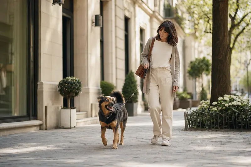 Ein Hund läuft an der Leine mit seinem Besitzer durch eine moderne Stadtstraße und vermittelt eine entspannte Alltagssituation mit Hund.
