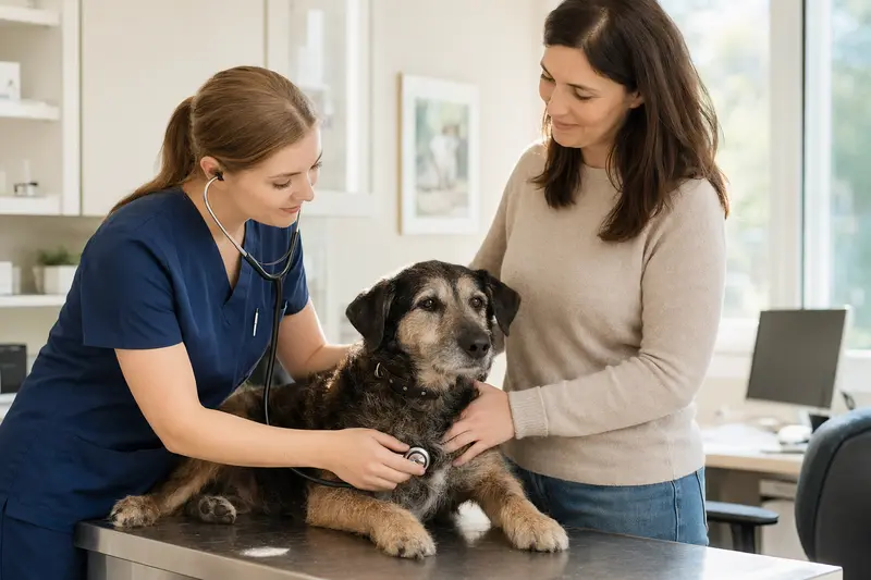 Ein ruhiger Haldenstover Hund wird von einer freundlichen Tierärztin mit einem Stethoskop in einer modernen Tierarztpraxis untersucht, während sein Besitzer beruhigend daneben steht.