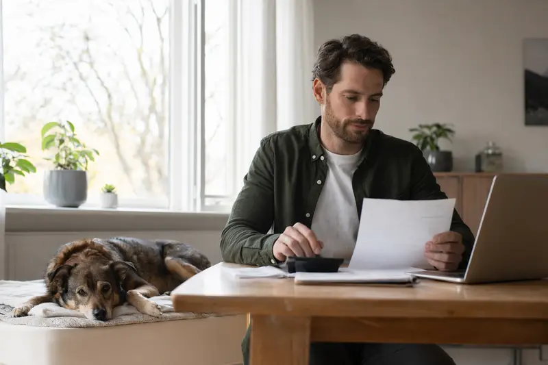 Ein Hundehalter sitzt mit Tierarztrechnung am Tisch, während ein entspannter Haldenstover Hund auf einer Decke liegt und eine Tierkrankenversicherung im Alltag naheliegt.