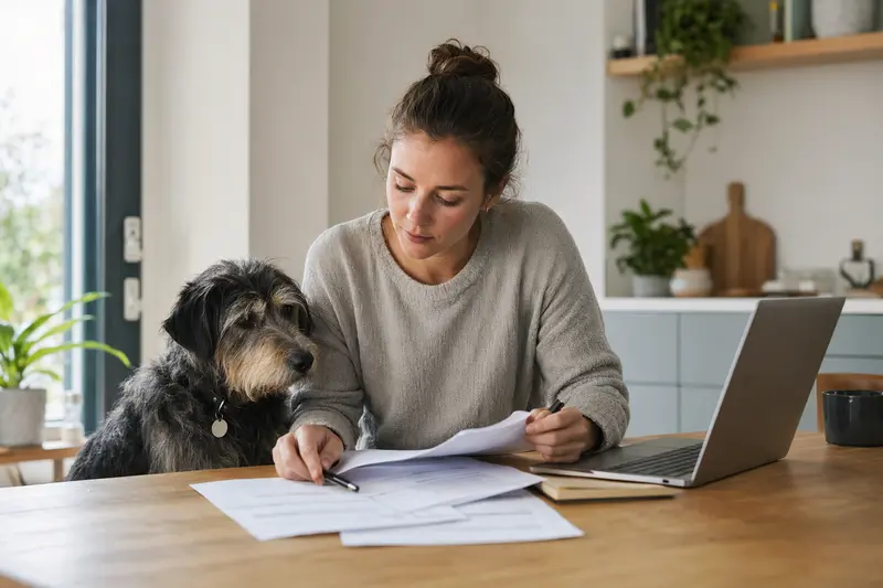 Ein Haldenstover Hund sitzt entspannt neben seinem Besitzer am Küchentisch, während auf dem Tisch Versicherungsunterlagen und ein Laptop liegen.