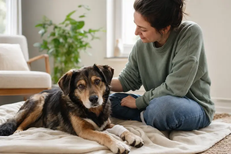 Ein Haldenstover Hund mit Verband an der Pfote liegt entspannt auf einer Decke, während sein Besitzer neben ihm sitzt und sich erleichtert zeigt.