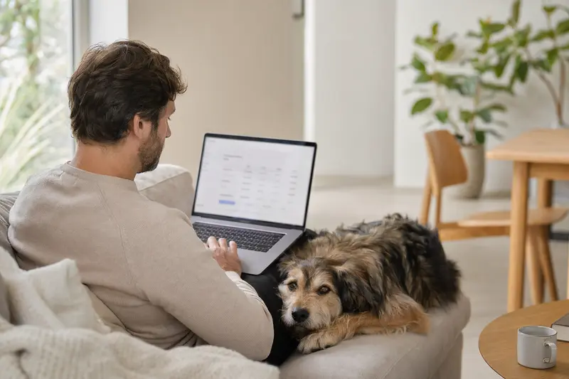 Besitzer arbeitet am Laptop auf dem Sofa, Haldenstover Hund sitzt neben ihm, Fokus auf Sicherheit und einfache Versicherungsentscheidungen.