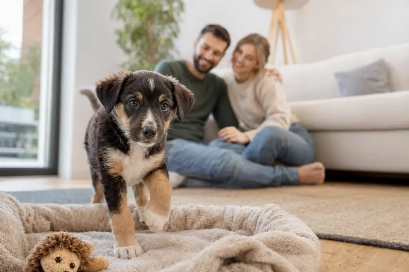 Ein neugieriger Haldenstover Welpe entdeckt sein neues Zuhause mit einer weichen Decke und Spielzeug, während eine liebevolle Familie im Hintergrund lächelt.