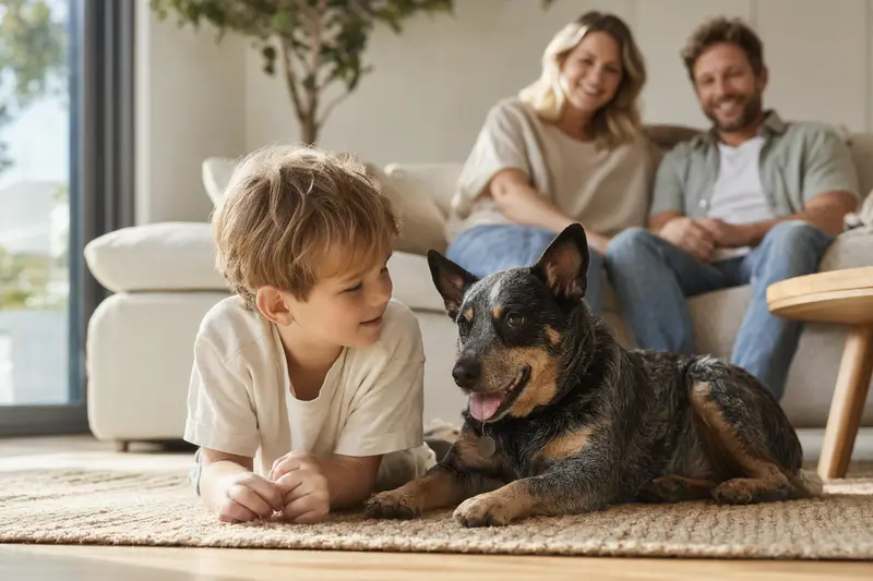 Ein freundlicher Halls Heeler Hund liegt entspannt neben einem Kind im hellen Wohnzimmer, während die Eltern im Hintergrund eine sichere Familienatmosphäre schaffen.