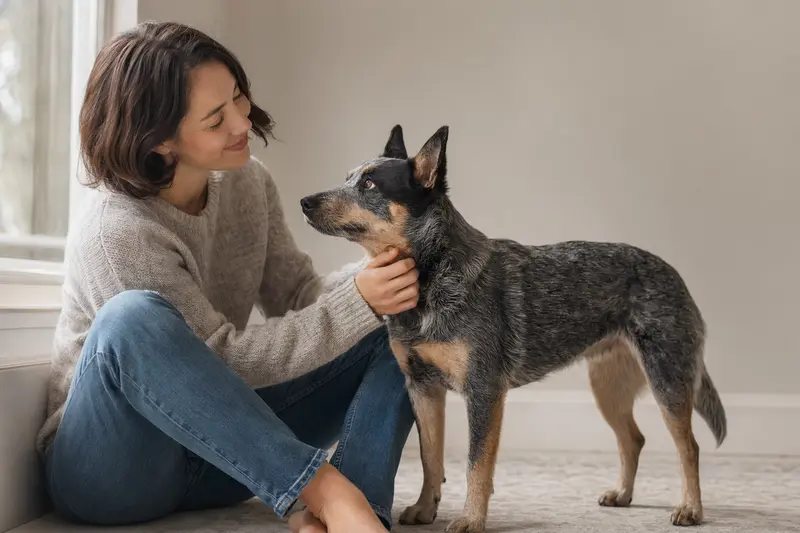 Aufmerksam stehender Australian Cattle Dog vor hellem Hintergrund im professionellen Hunderportrait.