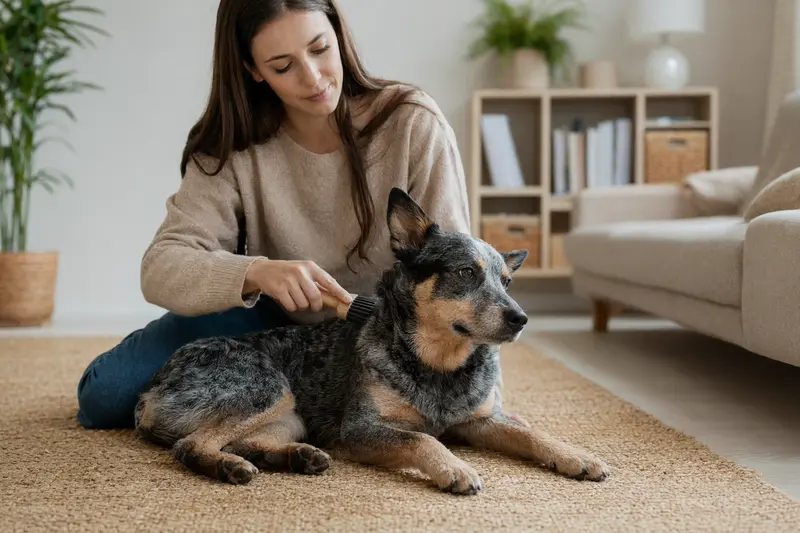 Ein Australian Cattle Dog wird in einer hellen Wohnung liebevoll gebürstet und zeigt die sanfte Fellpflege als Teil verantwortungsvoller Hundegesundheit.
