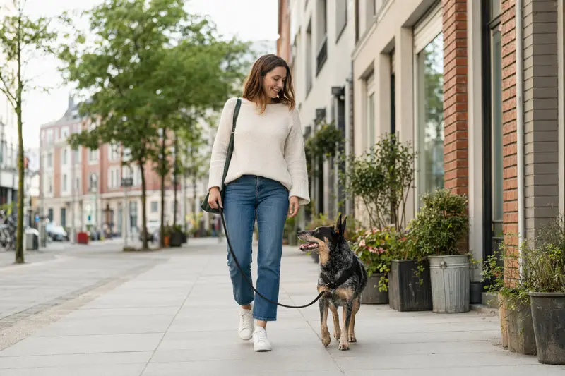 Ein Australian Cattle Dog läuft an der Leine mit seinem Besitzer durch eine freundliche Stadtstraße.