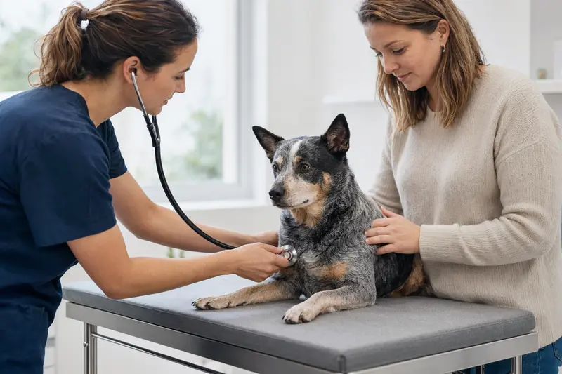 Eine freundliche Tierärztin untersucht einen ruhigen Australian Cattle Dog mit dem Stethoskop, während der Besitzer beruhigend neben dem Untersuchungstisch steht.