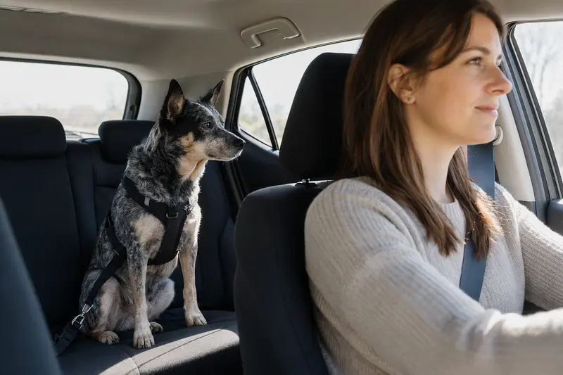 Ein sicher angeschnallter Heeler sitzt auf der Rückbank eines Autos, während der Besitzer ruhig fährt.
