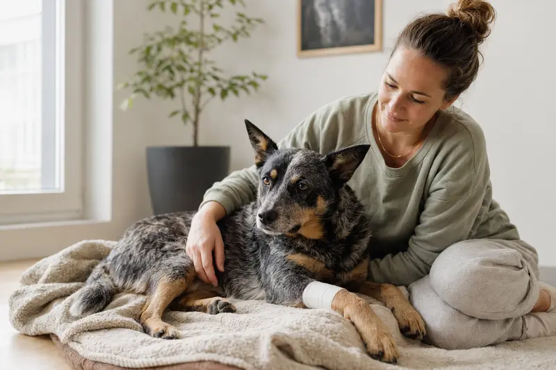 Ein Halls Heeler Hund mit leichtem Verband an der Pfote liegt ruhig auf einer Decke, während sein Besitzer erleichtert neben ihm sitzt.