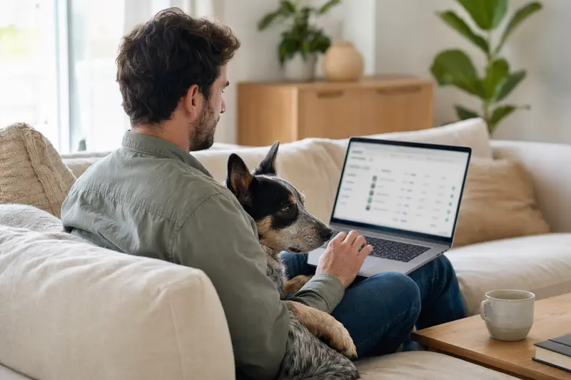 Ein Hundebesitzer arbeitet mit seinem Laptop auf dem Sofa, während ein Halls Heeler Hund neben ihm sitzt.