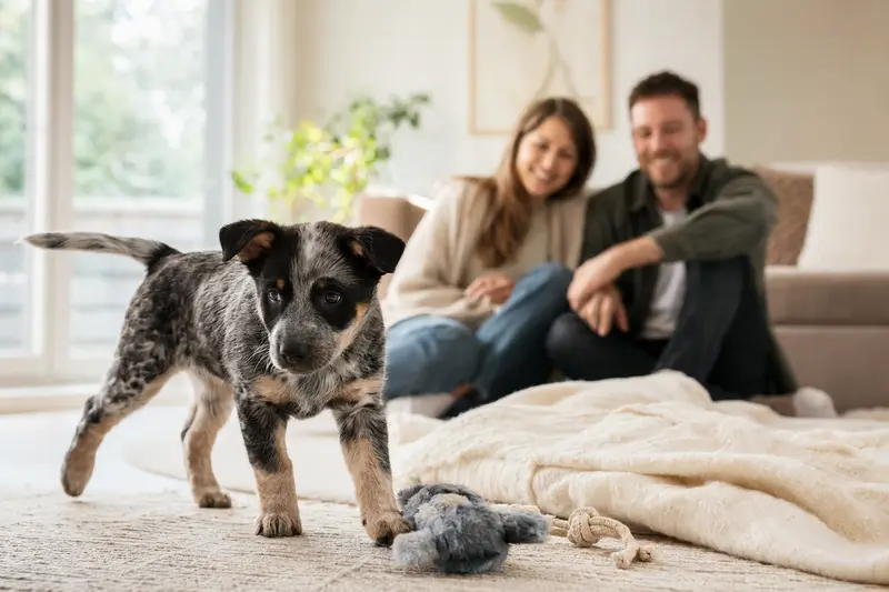Ein junger Australian Cattle Dog Welpe entdeckt neugierig sein neues Zuhause auf einer weichen Decke mit Spielzeug und liebevoller Familie im Hintergrund.
