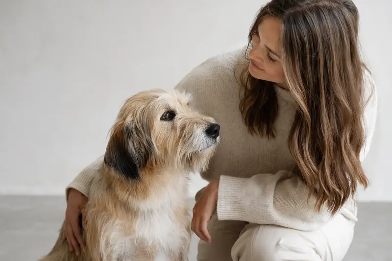 Hallstrom-Hund in aufmerksamer Haltung vor hellem neutralem Hintergrund, als realistisches Tierportrait mit weichem Licht und klaren Details.