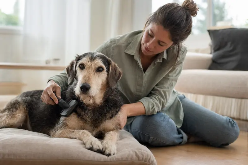 Ein Hund wird in einer hellen Wohnung sanft gebürstet, während sich der Besitzer liebevoll um die Fellpflege kümmert.