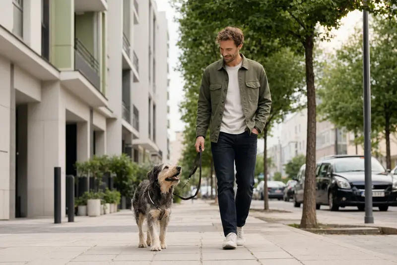 Ein Hund läuft an der Leine mit seinem Besitzer durch eine freundliche moderne Stadtstraße in entspannter Alltagssituation.