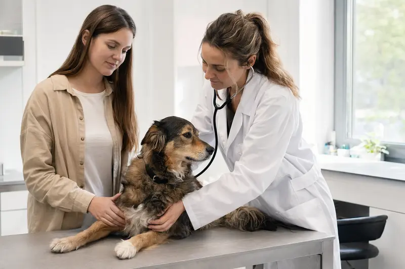 Eine Tierärztin untersucht einen ruhigen Hund auf dem Behandlungstisch in einer modernen Tierarztpraxis, während der Besitzer beruhigend danebensteht.