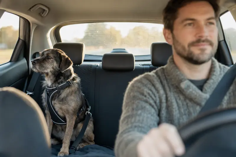 Ein Hund sitzt sicher angeschnallt auf der Rückbank eines Autos, während der Besitzer ruhig fährt und Sonnenlicht durch das Fenster fällt.