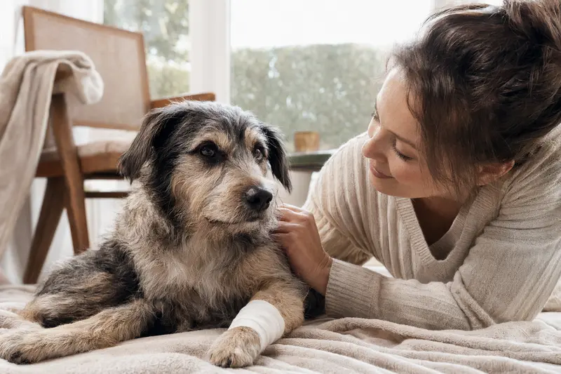 Ein Hund mit leicht bandagierter Pfote liegt ruhig auf einer Decke, während sein Besitzer erleichtert neben ihm sitzt.