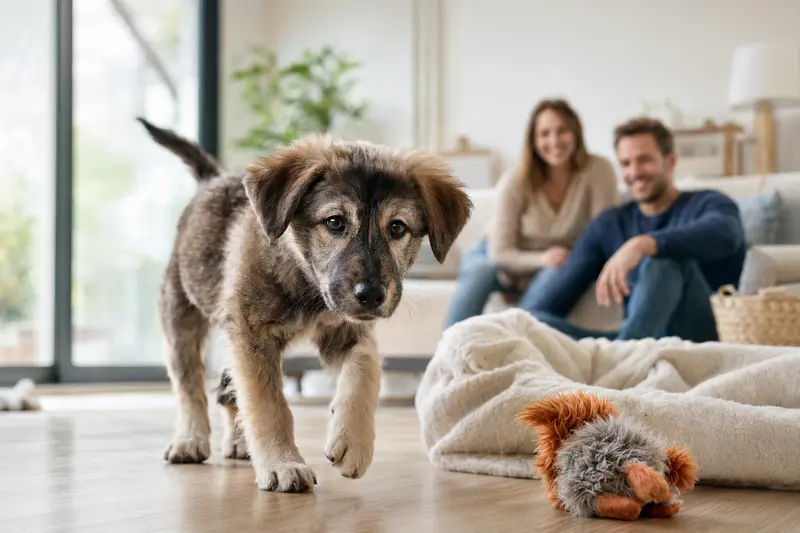 Ein junger Hundewelpe erkundet neugierig sein neues Zuhause mit weicher Decke und Spielzeug, während seine Familie im Hintergrund in einer hellen Wohnung zu sehen ist.