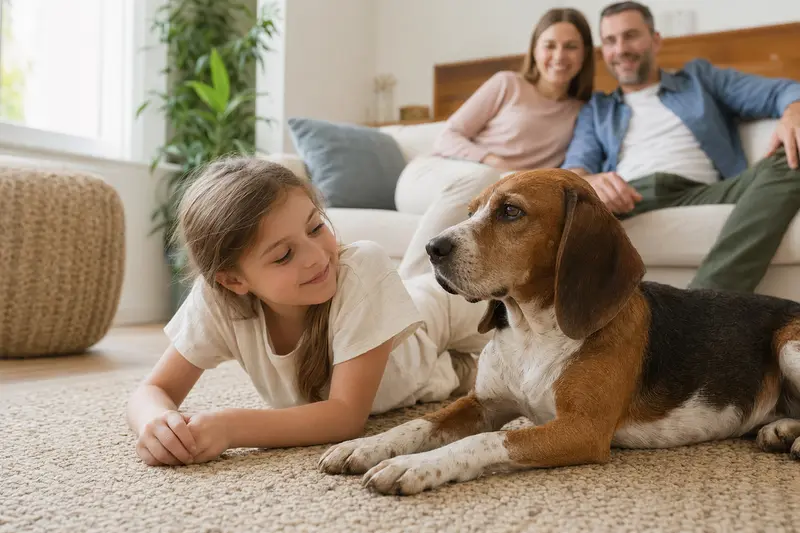 Ein Hamilton-Bracke Hund liegt entspannt neben einem Kind im Wohnzimmer, während die Eltern im Hintergrund eine sichere Familienatmosphäre schaffen.