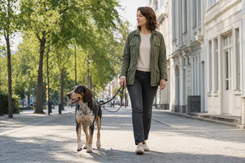 Ein Hamilton-Bracke Hund läuft an der Leine mit seinem Besitzer durch eine moderne Stadtstraße.