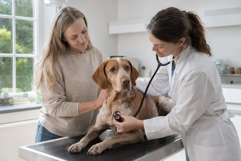 Ein Hamilton-Bracke Hund wird in einer modernen Tierarztpraxis von einer freundlichen Tierärztin mit einem Stethoskop untersucht.
