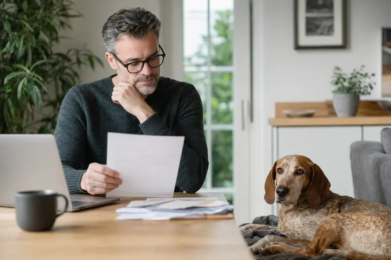 Ein Hundehalter sitzt mit einer Tierarztrechnung am Tisch, während ein entspannter Hamilton-Bracke-Hund auf einer Decke daneben liegt.