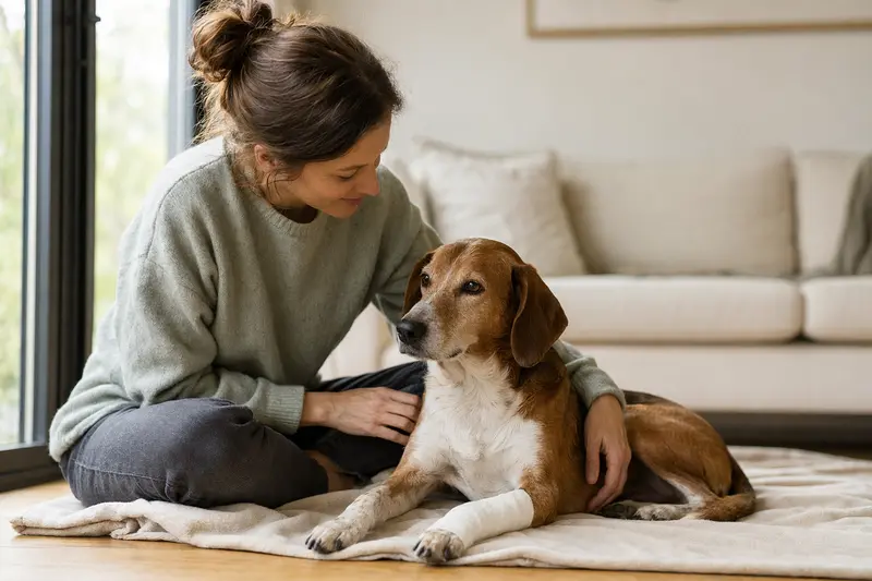 Ein Hamilton-Bracke Hund mit Verband an der Pfote liegt gemütlich auf einer Decke, während sein Besitzer beruhigt daneben sitzt.