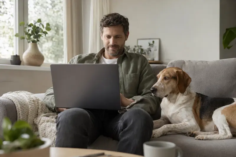 Ein Hund, ein Hamilton-Bracke, sitzt neben seinem Besitzer auf dem Sofa, während dieser am Laptop eine Versicherungsvergleichsseite betrachtet.