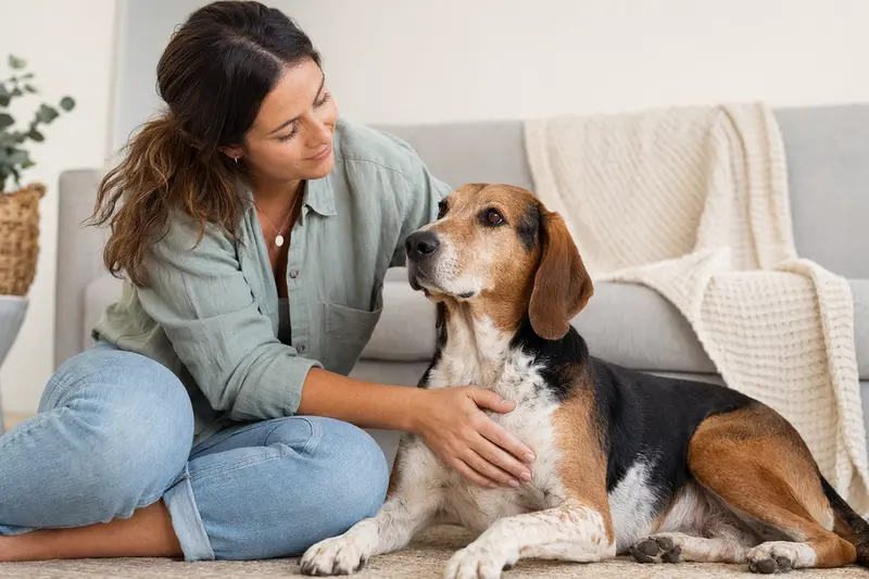 Hamilton-Laufhund in natürlicher Haltung vor hellem Hintergrund, als realistisches Tierporträt mit klarer Fellstruktur.