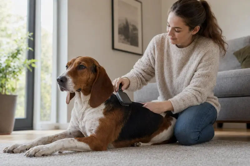 Ein Hamilton-Laufhund wird in einer hellen Wohnung liebevoll gebürstet, was die regelmäßige Fellpflege und verantwortungsvolle Hundegesundheit zeigt.