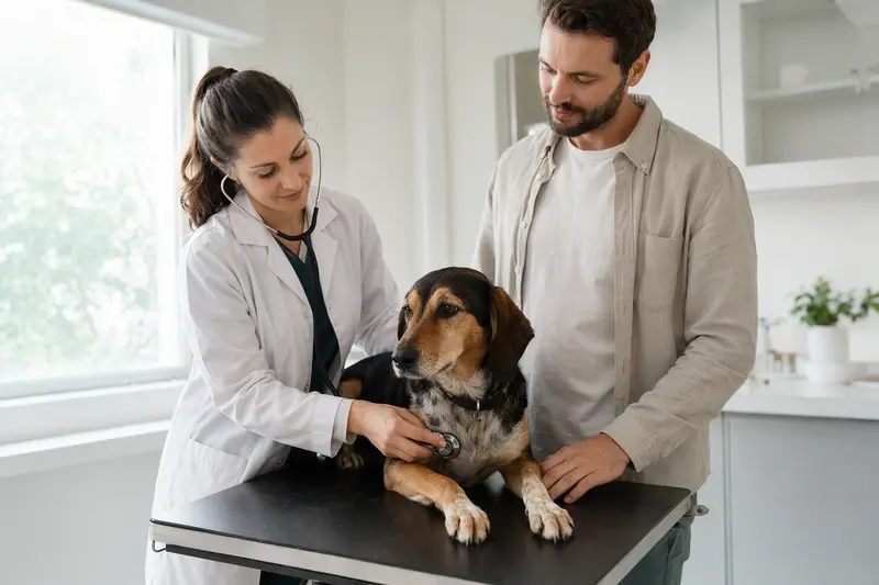 Ein Hamilton-Laufhund wird von einer Tierärztin mit einem Stethoskop in einer modernen Tierarztpraxis untersucht.